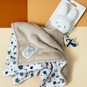 Miffy Beige and White Ultra Soft Plush Comfort Square Blanket with Pacifier Loop